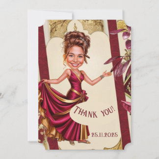 Custom Sweet 16 gold and Ruby Red caricature Thank You Card