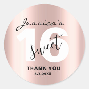 Custom Sweet 16 Sleek Rose Gold Thank You Chic Classic Round Sticker