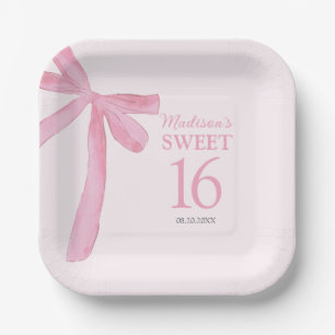 Custom Sweet 16th Birthday Coquette Pink Bow Paper Plates