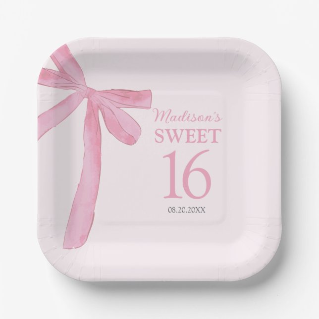 Custom Sweet 16th Birthday Coquette Pink Bow  Paper Plates (Front)