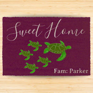 Custom Sweet Home Funny Green Turtle Family Name Fiber Doormat