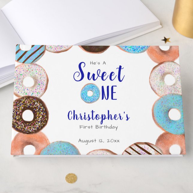 Custom Sweet One Donut First Birthday Blue Guest Book (Creator Uploaded)
