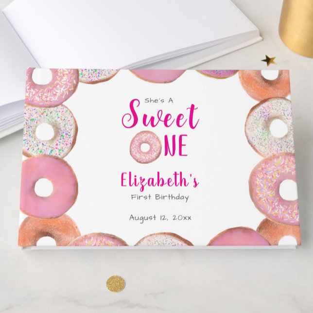 Custom Sweet One Donut First Birthday Pink Guest Book (Creator Uploaded)