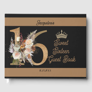 Custom Sweet Sixteen Black Floral Number Design Guest Book