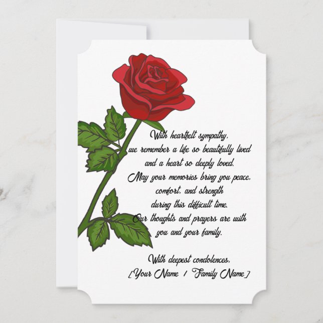 Custom Sympathy Card with a Red Rose (Front)