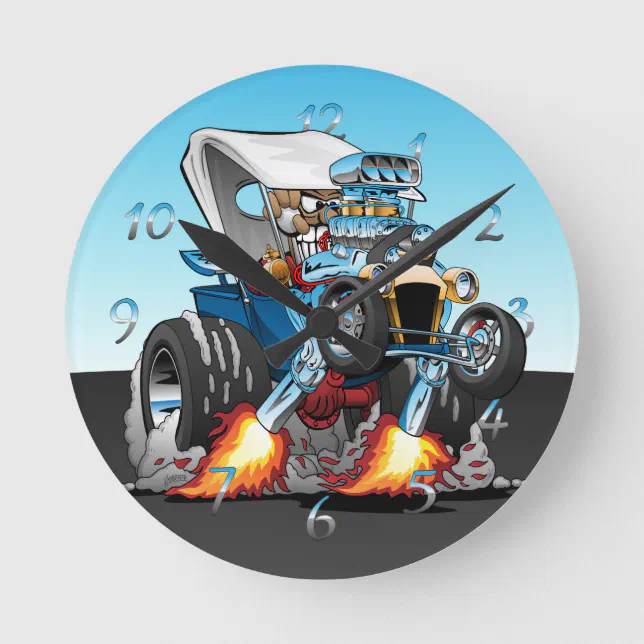 Custom T-bucket Roadster Hotrod Cartoon Round Clock | Zazzle