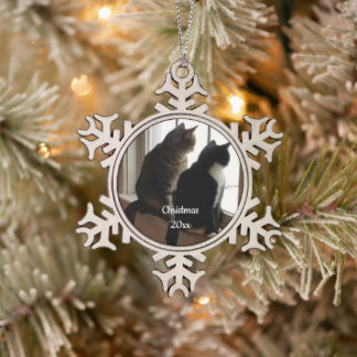 Custom Tabby and Tuxedo Cat Waiting for Santa Orna Snowflake Pewter Christmas Ornament