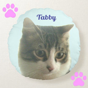 Custom Tabby Cat Photo on Light Blue Round Pillow