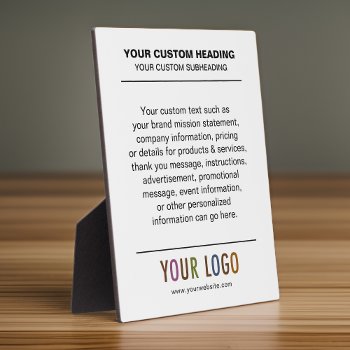 Custom Table Top Sign Easel For Business With Logo Plaque by MISOOK at Zazzle