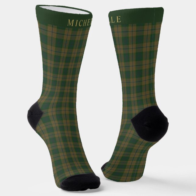 Custom Tan Brown Green Checkered Pattern Socks (Angled)