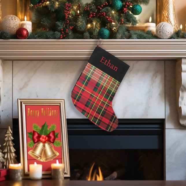 Custom Tartan Red & Green Christmas  Large Christmas Stocking (Personalized Family Christmas Stocking, Tartan Holiday Mantel Decoration, Red Green Gold Stocking)