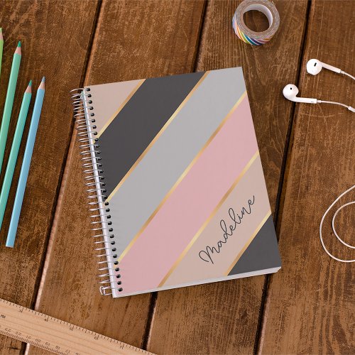 Custom Taupe Beige Gray Blush Pink Gold Stripes Notebook