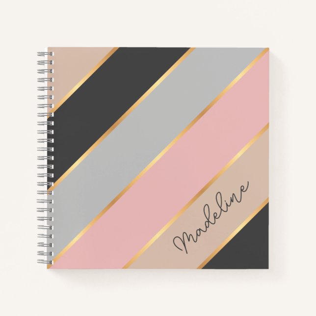 Custom Taupe Beige Gray Blush Pink Gold Stripes Notebook (Front)