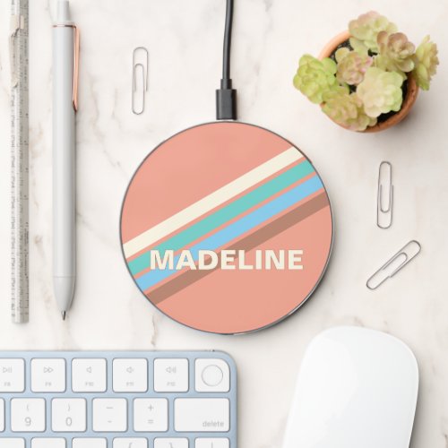 Custom Taupe Blue Turquoise Coral Blush Stripes Wireless Charger