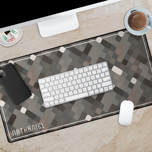 Custom Taupe Gray Dark Brown Black Pixel Pattern Desk Mat