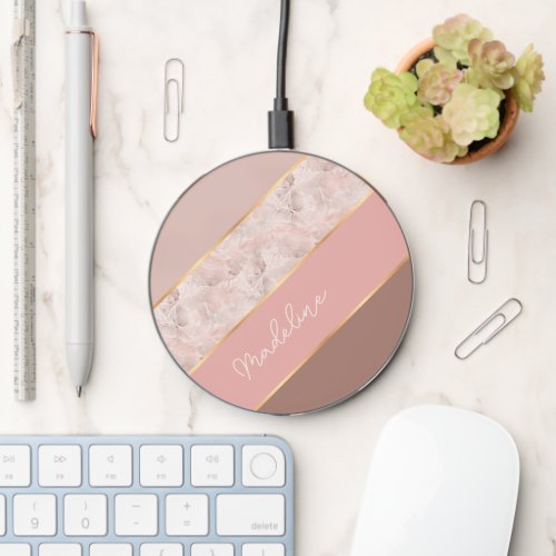 Custom Taupe Mauve Dusty Rose Blush Pink Marble Wireless Charger