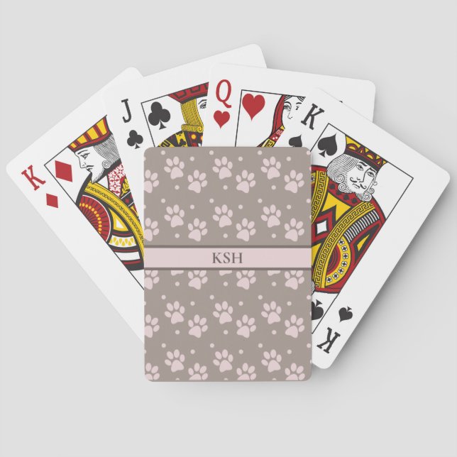 Custom Taupe & Pink Paw Print Playing Cards (Back)