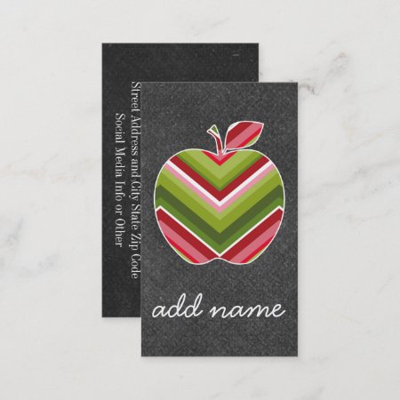 Custom Teacher Apple - Red Green Chevron Pattern Business Card