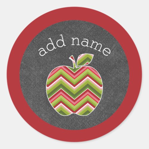 Custom Teacher Apple _ Red Green Chevron Pattern Classic Round Sticker