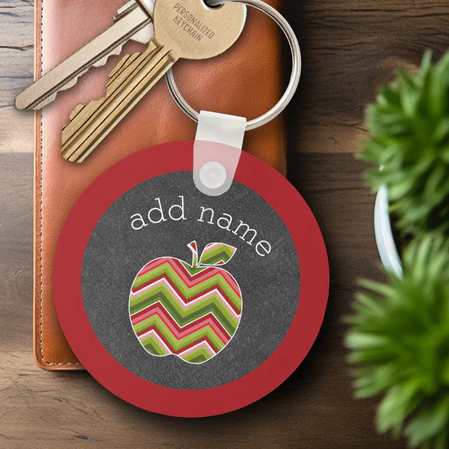 Custom Teacher Apple - Red Green Chevron Pattern Keychain | Zazzle
