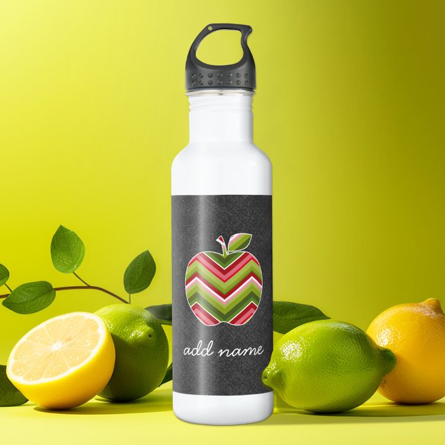 Custom Teacher Apple - Red Green Chevron Pattern Stainless Steel Water Bottle (Personalized water bottle - apple)