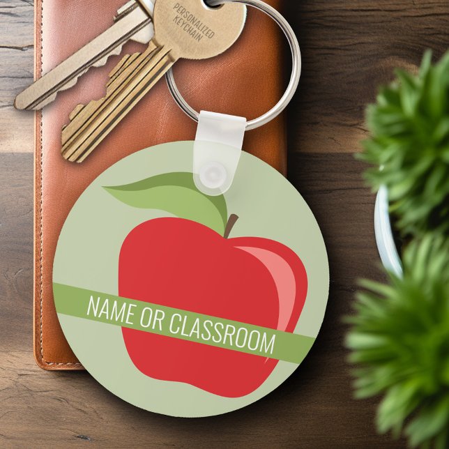 Custom Teacher Apple with Modern Apple Keychain (Personalized Keychain - Custom Teacher Gift or Classroom Keyring)