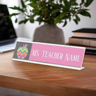 Custom Teacher Apple with Trendy Chevron Pattern Desk Name Plate