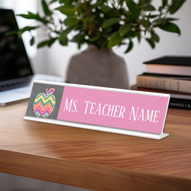 Custom Teacher Apple with Trendy Chevron Pattern Desk Name Plate (Teacher Desk Name Plate - Great Teacher Appreciation Gift or Classroom Decor)