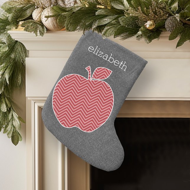 Custom Teacher Apple with Trendy Chevron Pattern Large Christmas Stocking (Personalized Christmas Stocking)