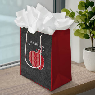 Custom Teacher Apple with Trendy Chevron Pattern Medium Gift Bag