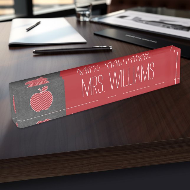 Custom Teacher Apple with Trendy Chevron Pattern Name Plate (Personalized Teacher Name Plate)