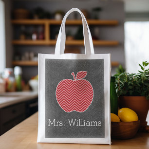Custom Teacher Apple with Trendy Chevron Pattern Reusable Grocery Bag