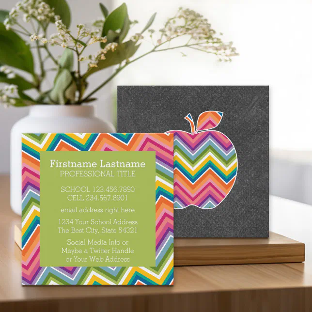 Custom Teacher Apple with Trendy Chevron Pattern Square Business Card ...