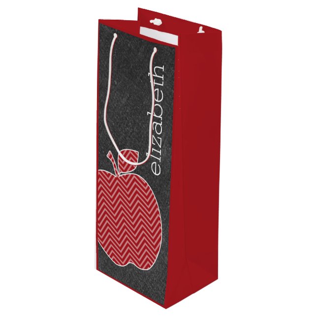 Custom Teacher Apple with Trendy Chevron Pattern Wine Gift Bag (Front Angled)