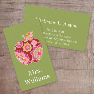 Custom Teacher Apple with Trendy Floral Pattern Business Card