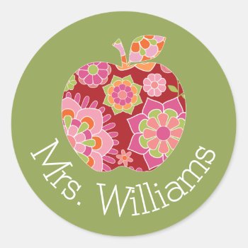 Custom Teacher Apple With Trendy Floral Pattern Classic Round Sticker by ForTeachersOnly at Zazzle
