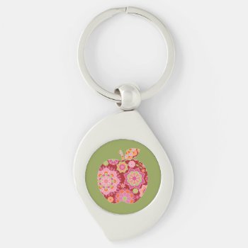Custom Teacher Apple With Trendy Floral Pattern Keychain by ForTeachersOnly at Zazzle