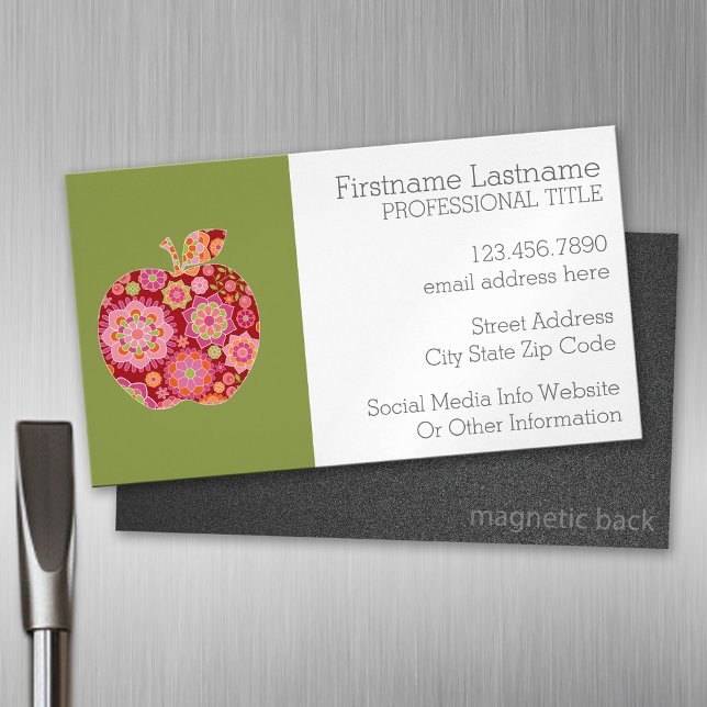 Custom Teacher Apple with Trendy Floral Pattern Magnetic Business Card (Custom Business Card Magnet)