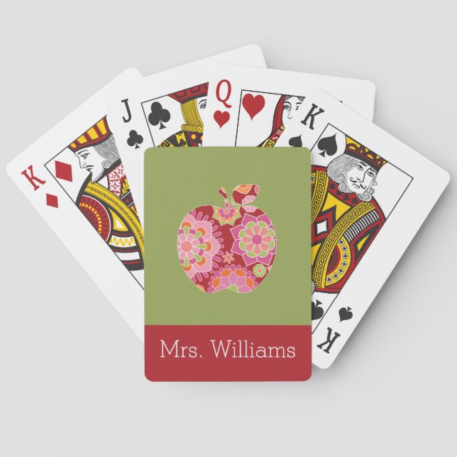 Custom Teacher Apple with Trendy Floral Pattern Poker Cards (Back)