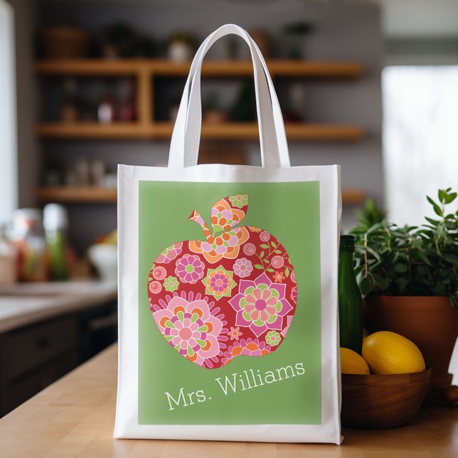 Custom Teacher Apple with Trendy Floral Pattern Reusable Grocery Bag (Custom Grocery Tote)
