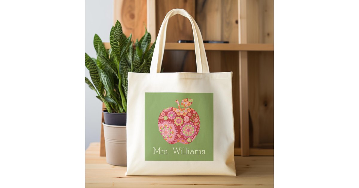 Custom Teacher Apple with Trendy Floral Pattern Tote Bag | Zazzle