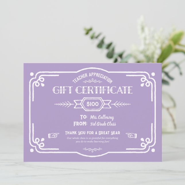 Custom Teacher Appreciation Gift Certificate Card (Standing Front)