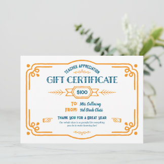 Custom Teacher Appreciation Gift Certificate Card