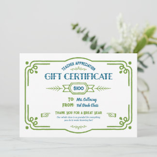Custom Teacher Appreciation Gift Certificate Card