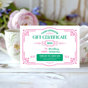Custom Teacher Appreciation Gift Certificate Card