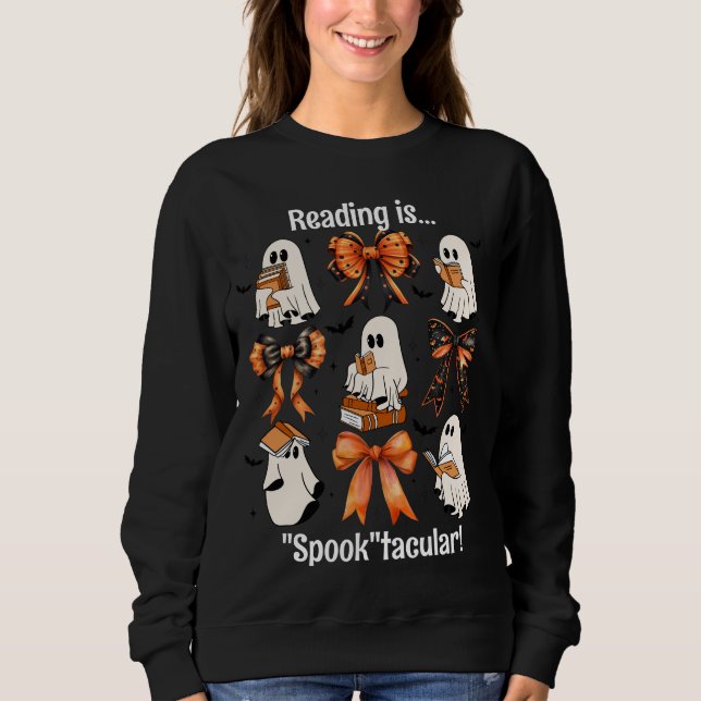 Custom Teacher Ghost and Bow Halloween Reading Sweatshirt (Front)