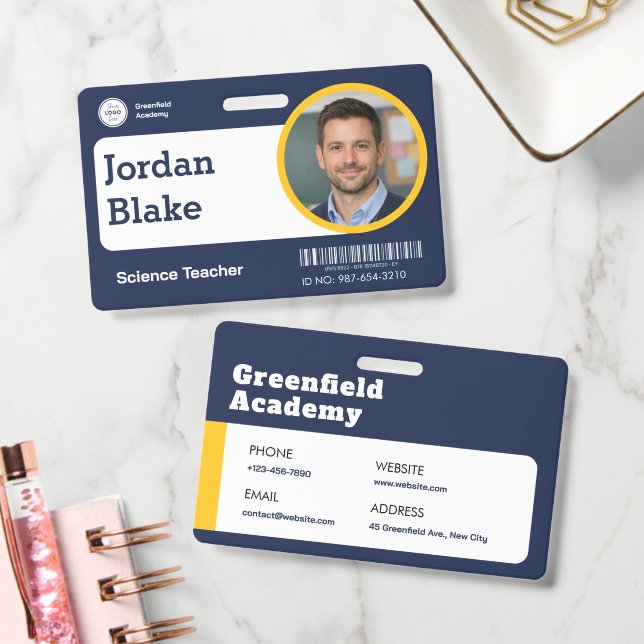 Custom Teacher ID Badge with School Logo - Navy (Office)