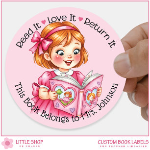 Custom Teacher Library Bookplate Girl Reading Book