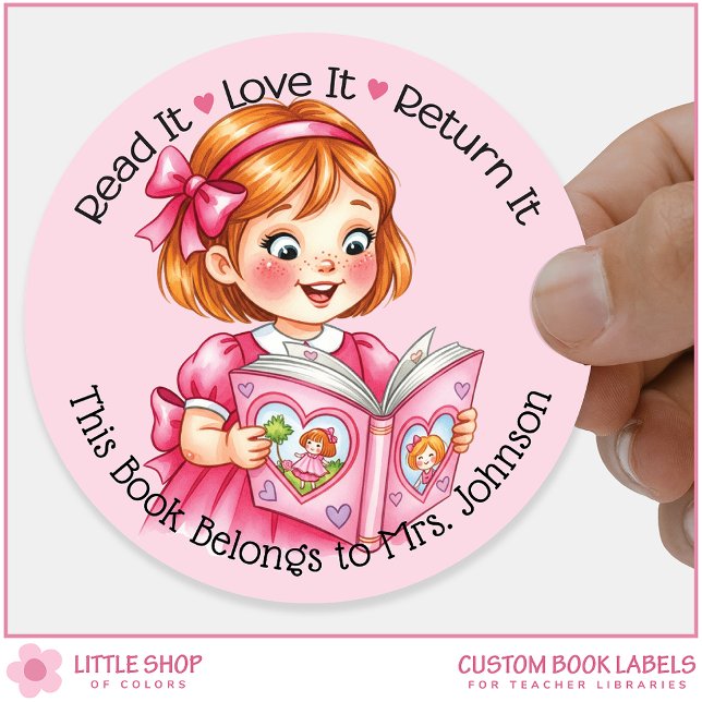Custom Teacher Library Bookplate Girl Reading Book (Creator Uploaded)