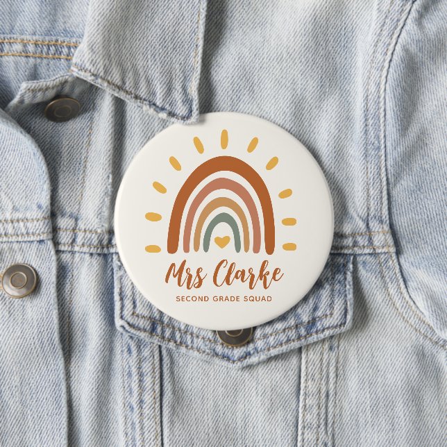 Custom Teacher Name Grade Boho Rainbow Sun Button (In Situ)